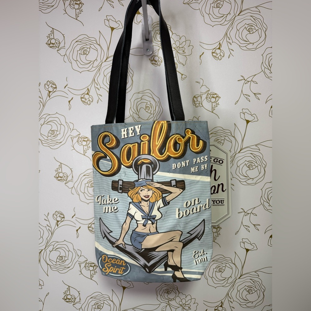 Ocean Spirit Nautical Tote Bag with Black Straps